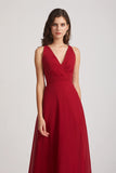 Alfa Bridal Dark Red V-Neck Pleated Chiffon Criss-cross Straps Bridesmaid Dresses (AF0170)