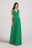 Alfa Bridal Shamrock Green V-Neck Pleated Chiffon Criss-cross Straps Bridesmaid Dresses (AF0170)