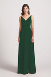 Alfa Bridal Dark Green V-Neck Spaghetti Straps Chiffon Bridesmaid Dresses With Back Tie (AF0002)