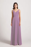 Alfa Bridal Dark Lavender V-Neck Spaghetti Straps Chiffon Bridesmaid Dresses With Back Tie (AF0002)