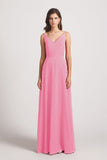 Alfa Bridal Hot Pink V-Neck Spaghetti Straps Chiffon Bridesmaid Dresses With Back Tie (AF0002)