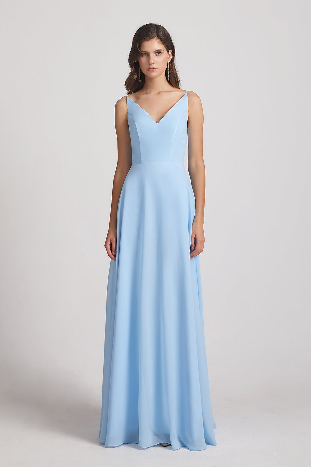 Alfa Bridal Light Sky Blue V-Neck Spaghetti Straps Chiffon Bridesmaid Dresses With Back Tie (AF0002)