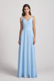 Alfa Bridal Light Sky Blue V-Neck Spaghetti Straps Chiffon Bridesmaid Dresses With Back Tie (AF0002)