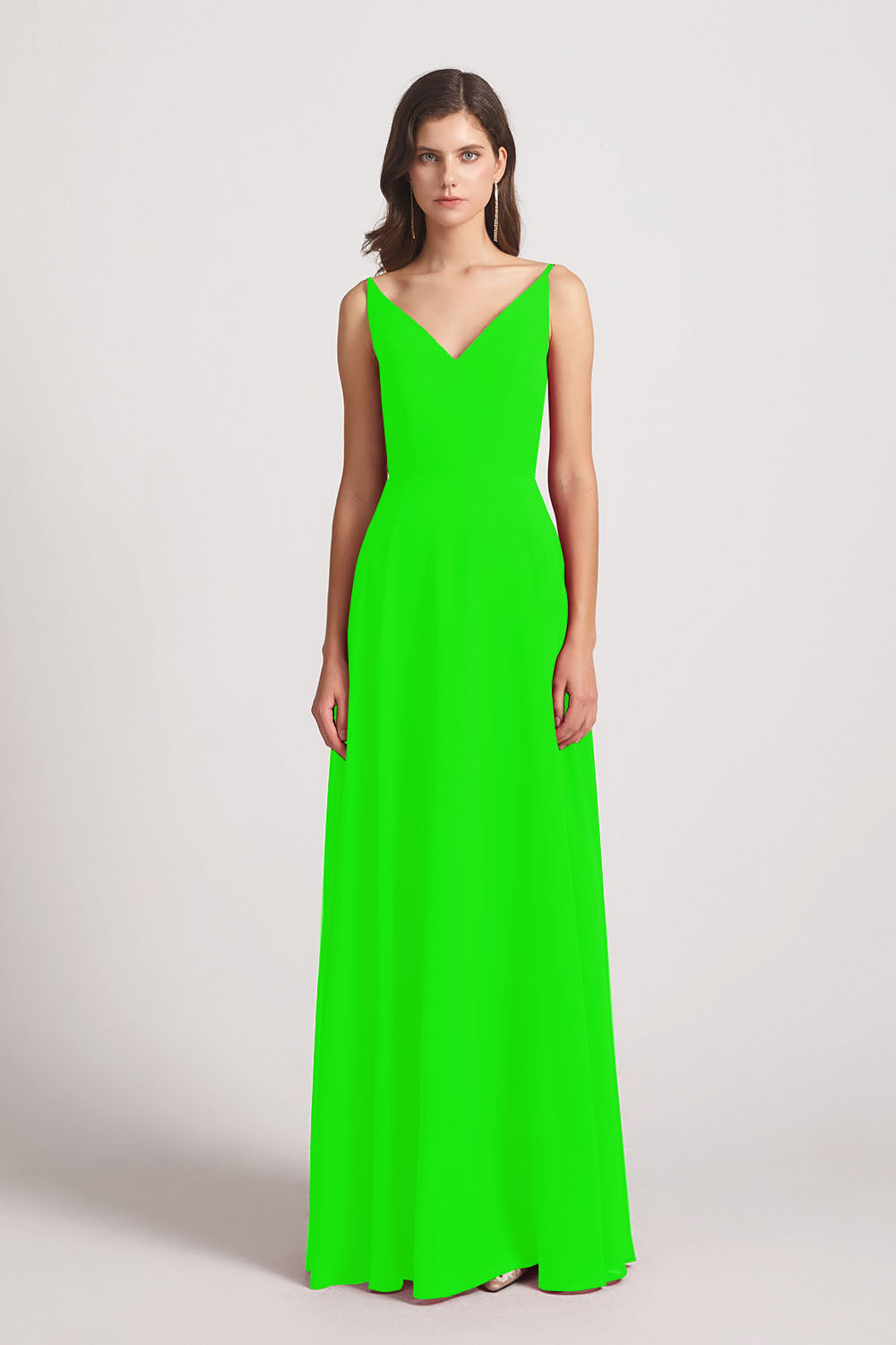 Alfa Bridal Lime Green V-Neck Spaghetti Straps Chiffon Bridesmaid Dresses With Back Tie (AF0002)
