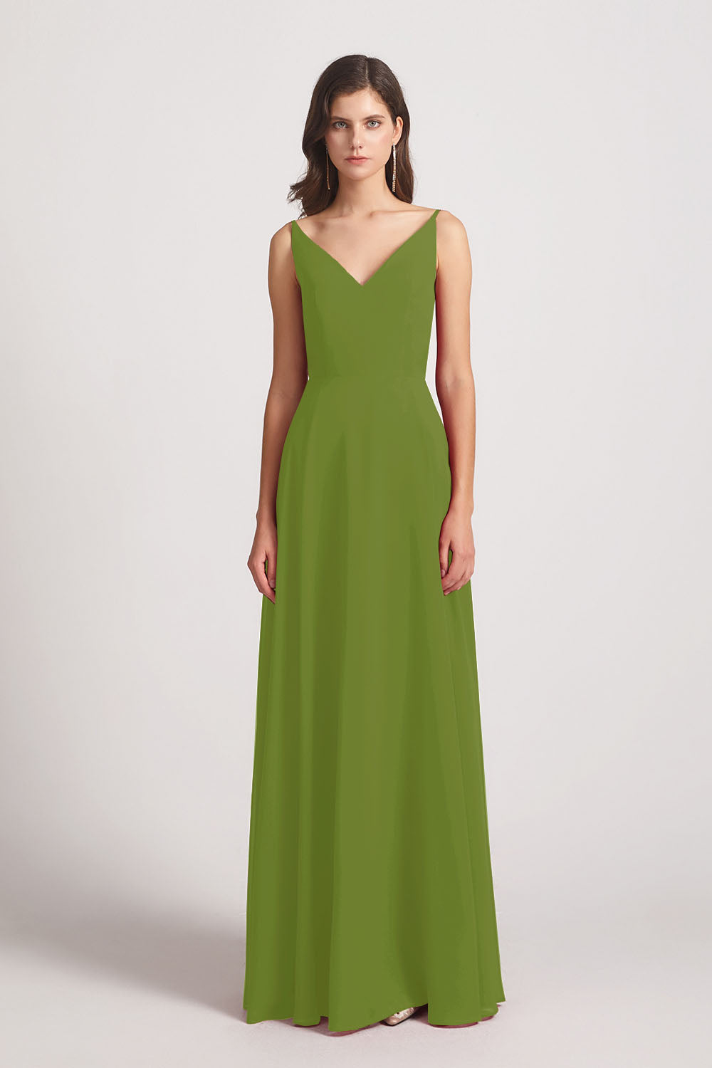 Alfa Bridal Olive Green V-Neck Spaghetti Straps Chiffon Bridesmaid Dresses With Back Tie (AF0002)