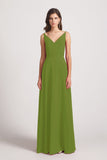 Alfa Bridal Olive Green V-Neck Spaghetti Straps Chiffon Bridesmaid Dresses With Back Tie (AF0002)