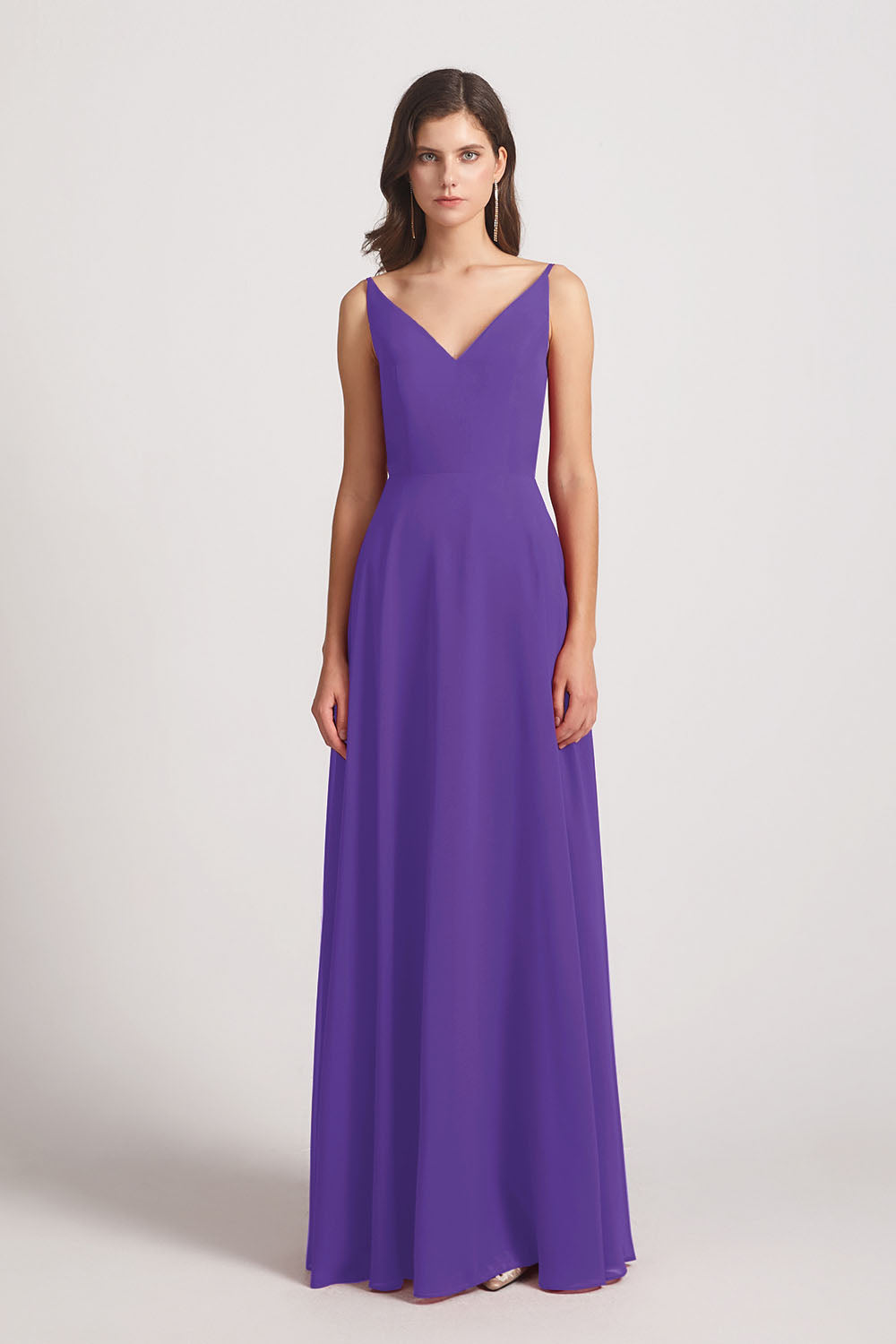 Alfa Bridal Purple V-Neck Spaghetti Straps Chiffon Bridesmaid Dresses With Back Tie (AF0002)