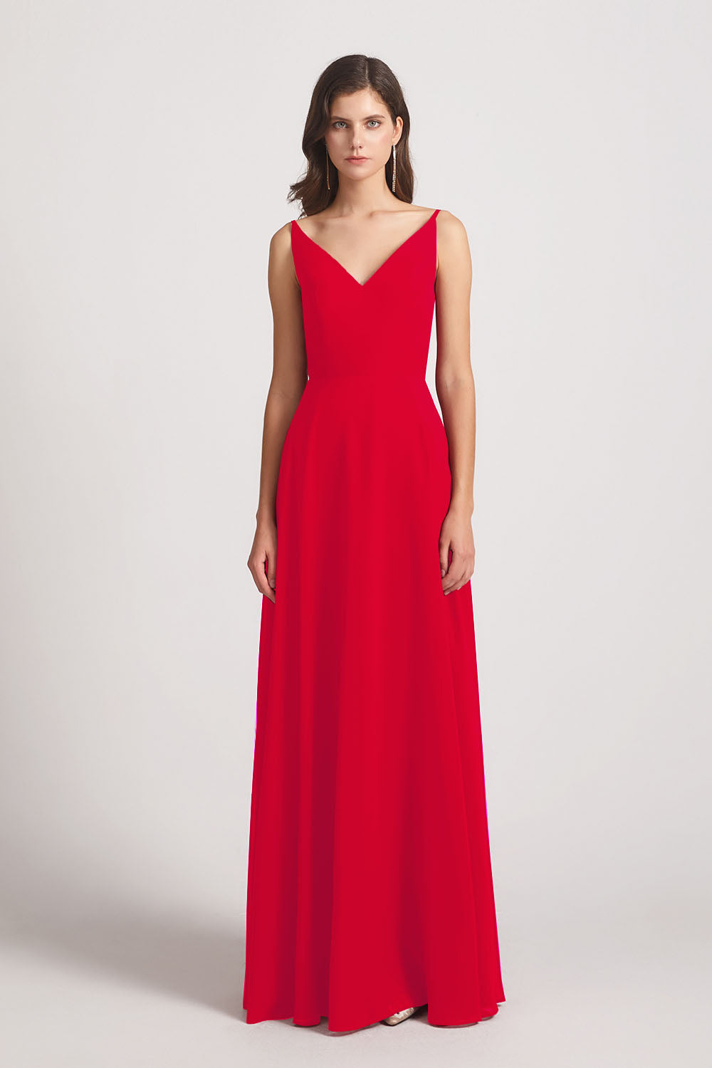Alfa Bridal Red V-Neck Spaghetti Straps Chiffon Bridesmaid Dresses With Back Tie (AF0002)