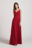 Alfa Bridal Dark Red V-Neck Spaghetti Straps Chiffon Bridesmaid Dresses With Back Tie (AF0002)