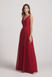 Alfa Bridal Dark Red V-Neck Spaghetti Straps Chiffon Bridesmaid Dresses With Back Tie (AF0002)