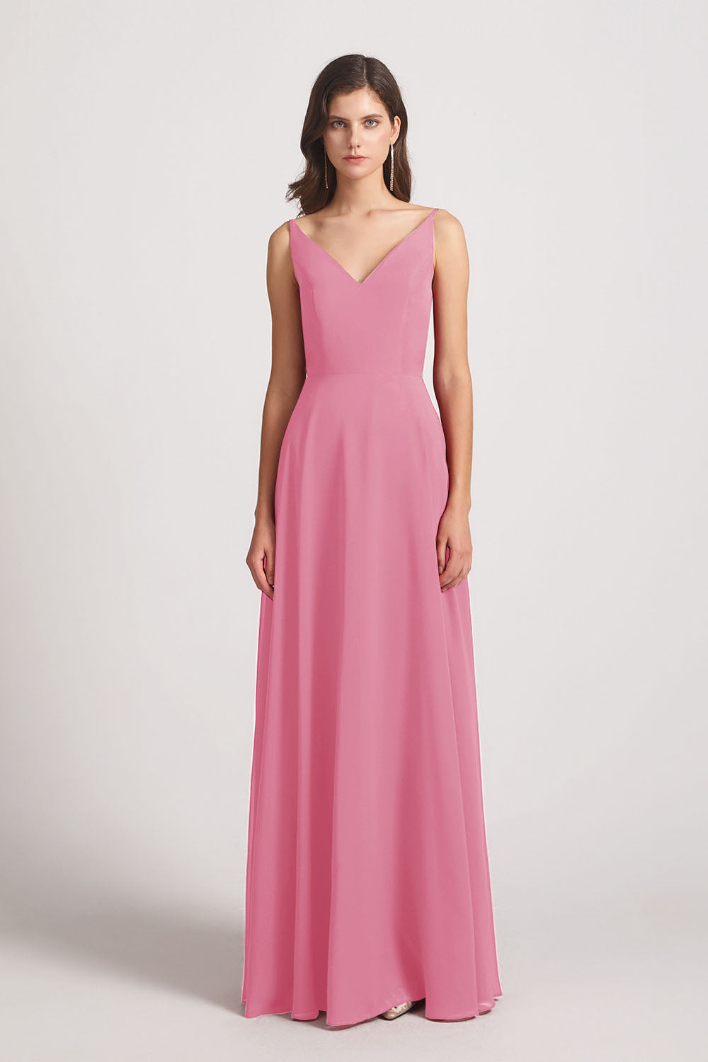 Alfa Bridal Skin Pink V-Neck Spaghetti Straps Chiffon Bridesmaid Dresses With Back Tie (AF0002)