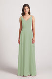 Alfa Bridal Smoke Green V-Neck Spaghetti Straps Chiffon Bridesmaid Dresses With Back Tie (AF0002)