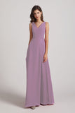 Alfa Bridal Dark Lavender V-Neck Tie Back A-line Chiffon Long Bridesmaid Dresses (AF0059)