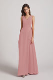 Alfa Bridal Dusty Pink V-Neck Tie Back A-line Chiffon Long Bridesmaid Dresses (AF0059)