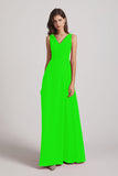 Alfa Bridal Lime Green V-Neck Tie Back A-line Chiffon Long Bridesmaid Dresses (AF0059)