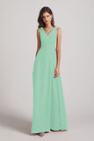 Alfa Bridal Mint Green V-Neck Tie Back A-line Chiffon Long Bridesmaid Dresses (AF0059)