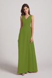 Alfa Bridal Olive Green V-Neck Tie Back A-line Chiffon Long Bridesmaid Dresses (AF0059)