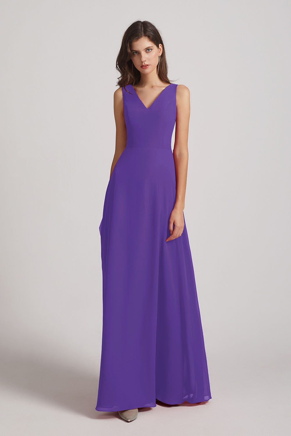 Alfa Bridal Purple V-Neck Tie Back A-line Chiffon Long Bridesmaid Dresses (AF0059)