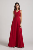 Alfa Bridal Dark Red V-Neck Tie Back A-line Chiffon Long Bridesmaid Dresses (AF0059)