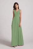 Alfa Bridal Seagrass V-Neck Tie Back A-line Chiffon Long Bridesmaid Dresses (AF0059)