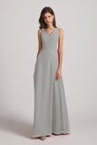Alfa Bridal Silver V-Neck Tie Back A-line Chiffon Long Bridesmaid Dresses (AF0059)