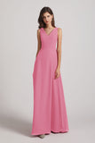 Alfa Bridal Skin Pink V-Neck Tie Back A-line Chiffon Long Bridesmaid Dresses (AF0059)