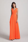 Alfa Bridal Tangerine Tango V-Neck Tie Back A-line Chiffon Long Bridesmaid Dresses (AF0059)