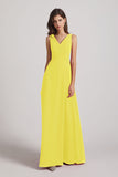Alfa Bridal Yellow V-Neck Tie Back A-line Chiffon Long Bridesmaid Dresses (AF0059)