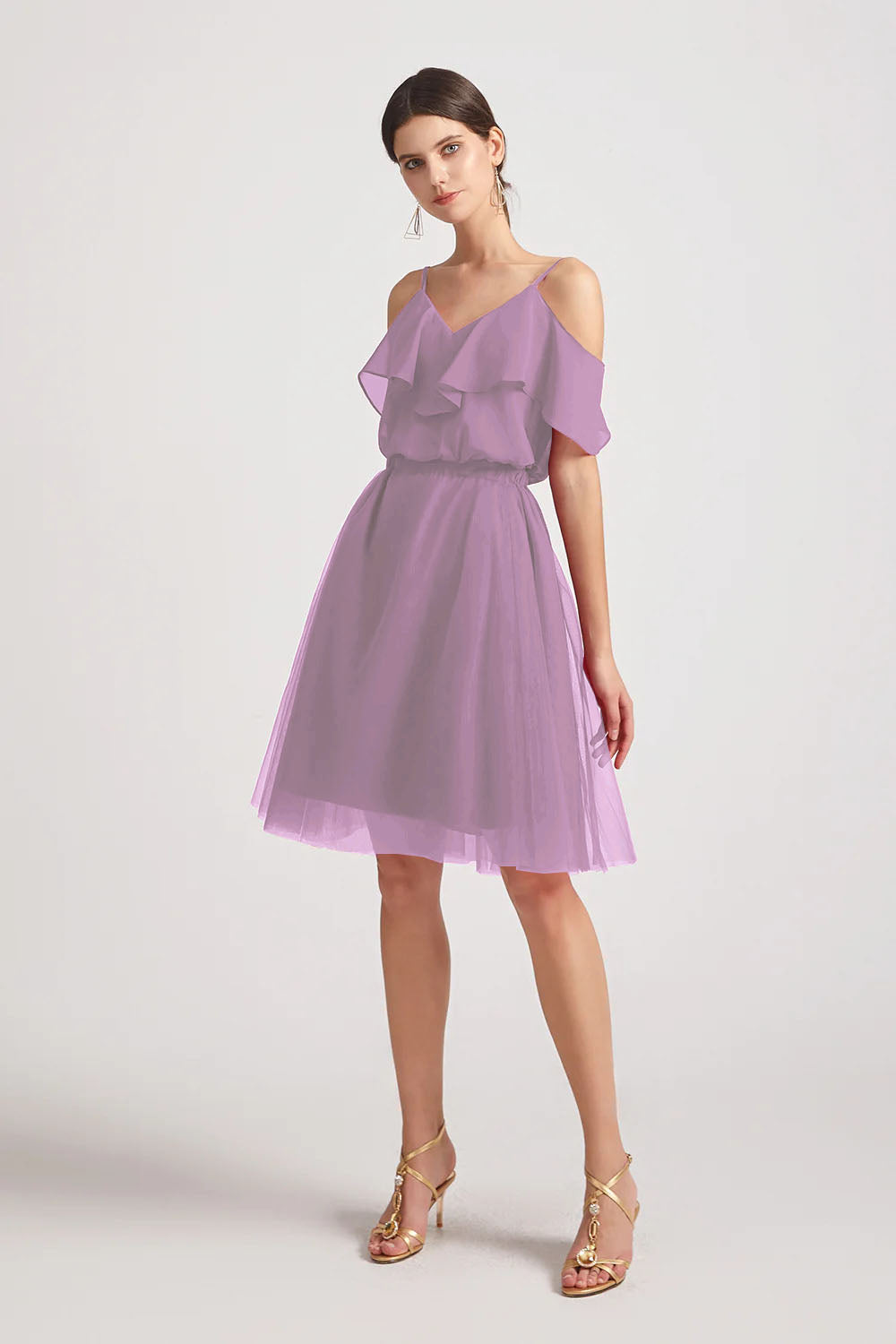 Alfa Bridal Dark Lavender V-Neck Two Pieces Short Chiffon Tulle Bridesmaid Dresses (AF0186)