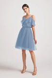 Alfa Bridal Dusty Blue V-Neck Two Pieces Short Chiffon Tulle Bridesmaid Dresses (AF0186)