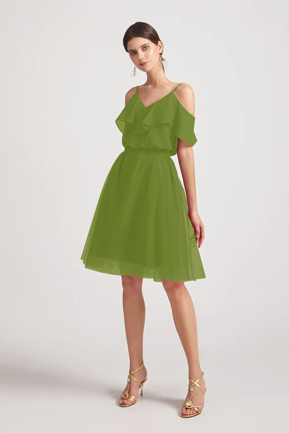 Alfa Bridal Olive Green V-Neck Two Pieces Short Chiffon Tulle Bridesmaid Dresses (AF0186)