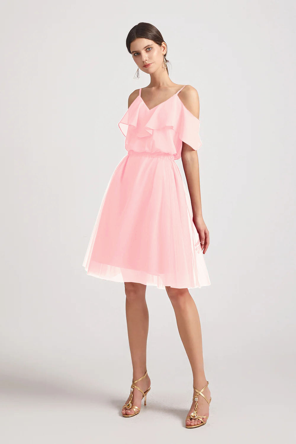 Alfa Bridal Pink V-Neck Two Pieces Short Chiffon Tulle Bridesmaid Dresses (AF0186)