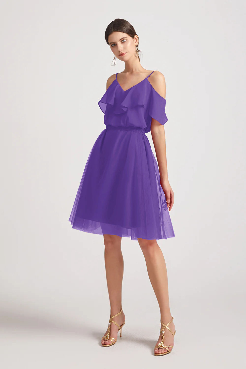 Alfa Bridal Purple V-Neck Two Pieces Short Chiffon Tulle Bridesmaid Dresses (AF0186)