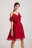Alfa Bridal Dark Red V-Neck Two Pieces Short Chiffon Tulle Bridesmaid Dresses (AF0186)