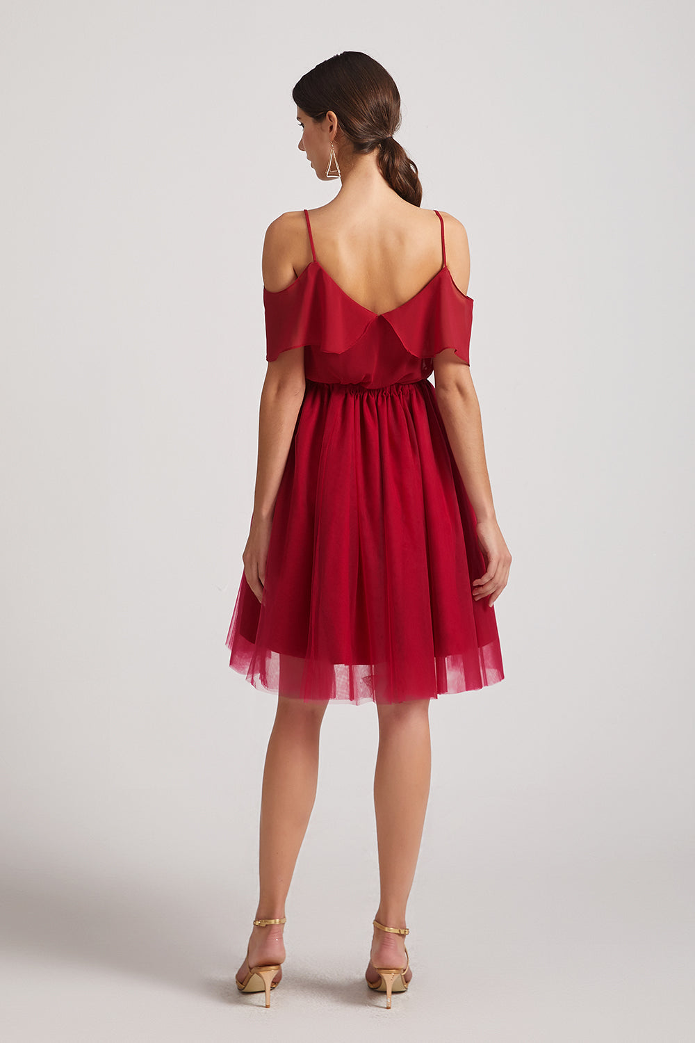 Alfa Bridal Dark Red V-Neck Two Pieces Short Chiffon Tulle Bridesmaid Dresses (AF0186)