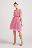 Alfa Bridal Skin Pink V-Neck Two Pieces Short Chiffon Tulle Bridesmaid Dresses (AF0186)