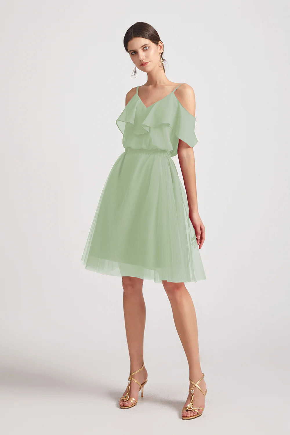 Alfa Bridal Smoke Green V-Neck Two Pieces Short Chiffon Tulle Bridesmaid Dresses (AF0186)