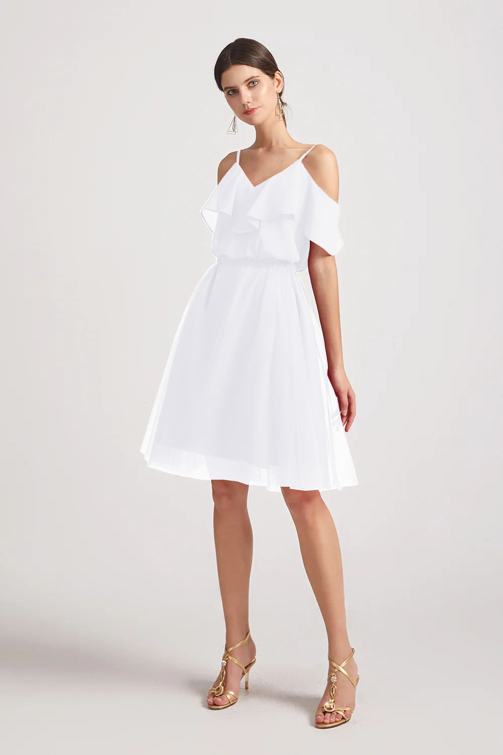Alfa Bridal White V-Neck Two Pieces Short Chiffon Tulle Bridesmaid Dresses (AF0186)