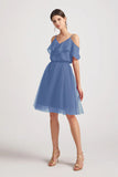 Alfa Bridal Windsor Blue V-Neck Two Pieces Short Chiffon Tulle Bridesmaid Dresses (AF0186)