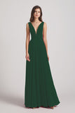Alfa Bridal Dark Green Wide Straps Double V-Neck Crinkle Chiffon Bridesmaid Dresses (AF0092)