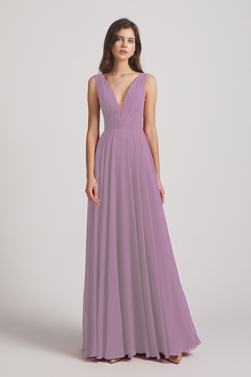 Alfa Bridal Dark Lavender Wide Straps Double V-Neck Crinkle Chiffon Bridesmaid Dresses (AF0092)