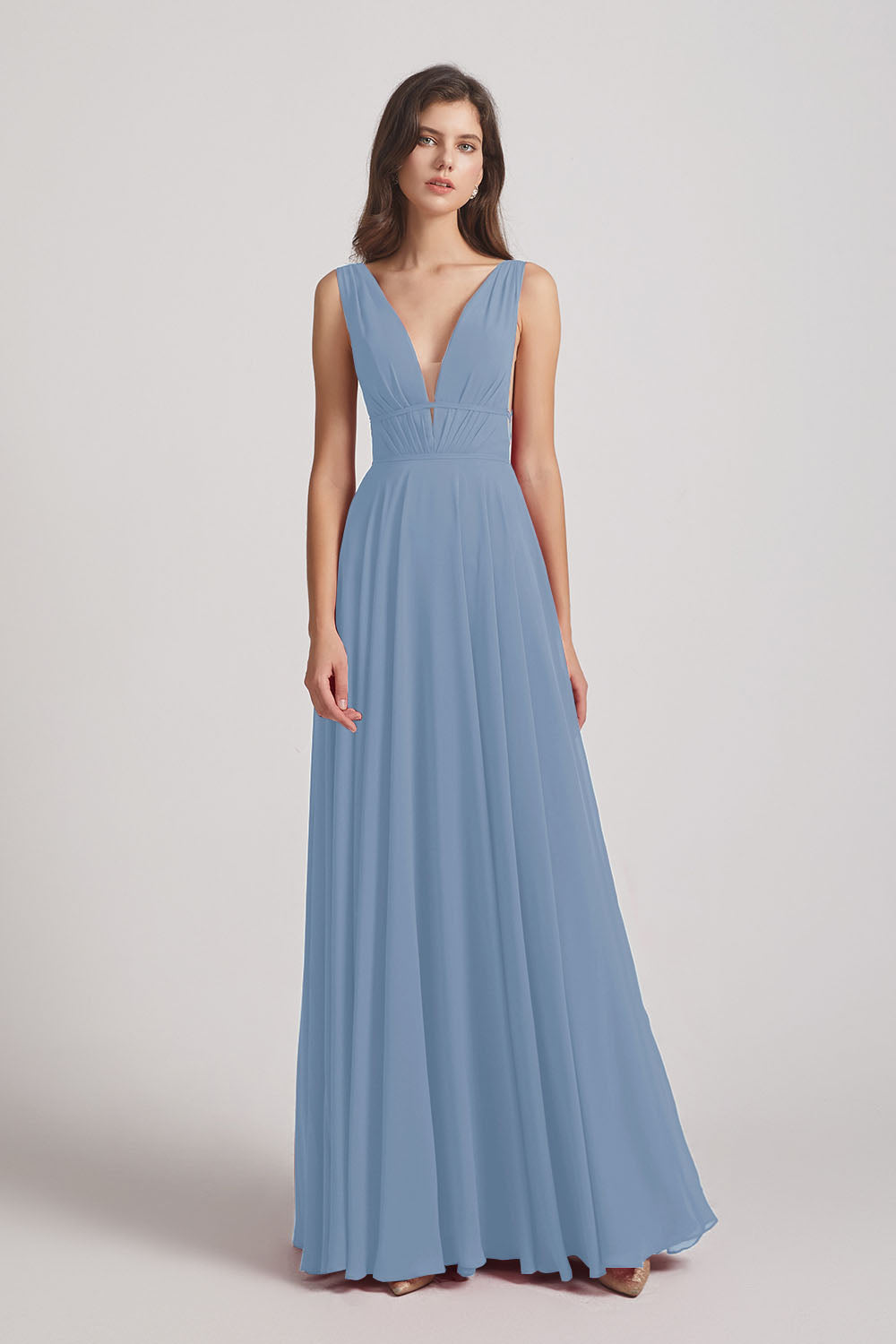 Alfa Bridal Dusty Blue Wide Straps Double V-Neck Crinkle Chiffon Bridesmaid Dresses (AF0092)