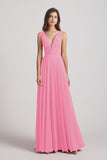 Alfa Bridal Hot Pink Wide Straps Double V-Neck Crinkle Chiffon Bridesmaid Dresses (AF0092)