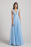 Alfa Bridal Light Sky Blue Wide Straps Double V-Neck Crinkle Chiffon Bridesmaid Dresses (AF0092)