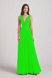 Alfa Bridal Lime Green Wide Straps Double V-Neck Crinkle Chiffon Bridesmaid Dresses (AF0092)