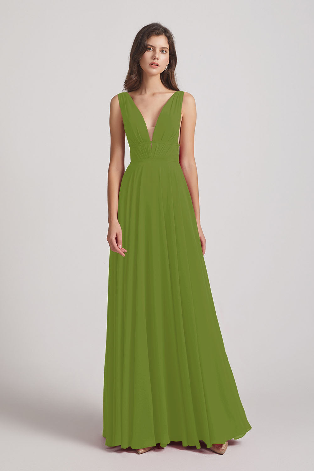 Alfa Bridal Olive Green Wide Straps Double V-Neck Crinkle Chiffon Bridesmaid Dresses (AF0092)
