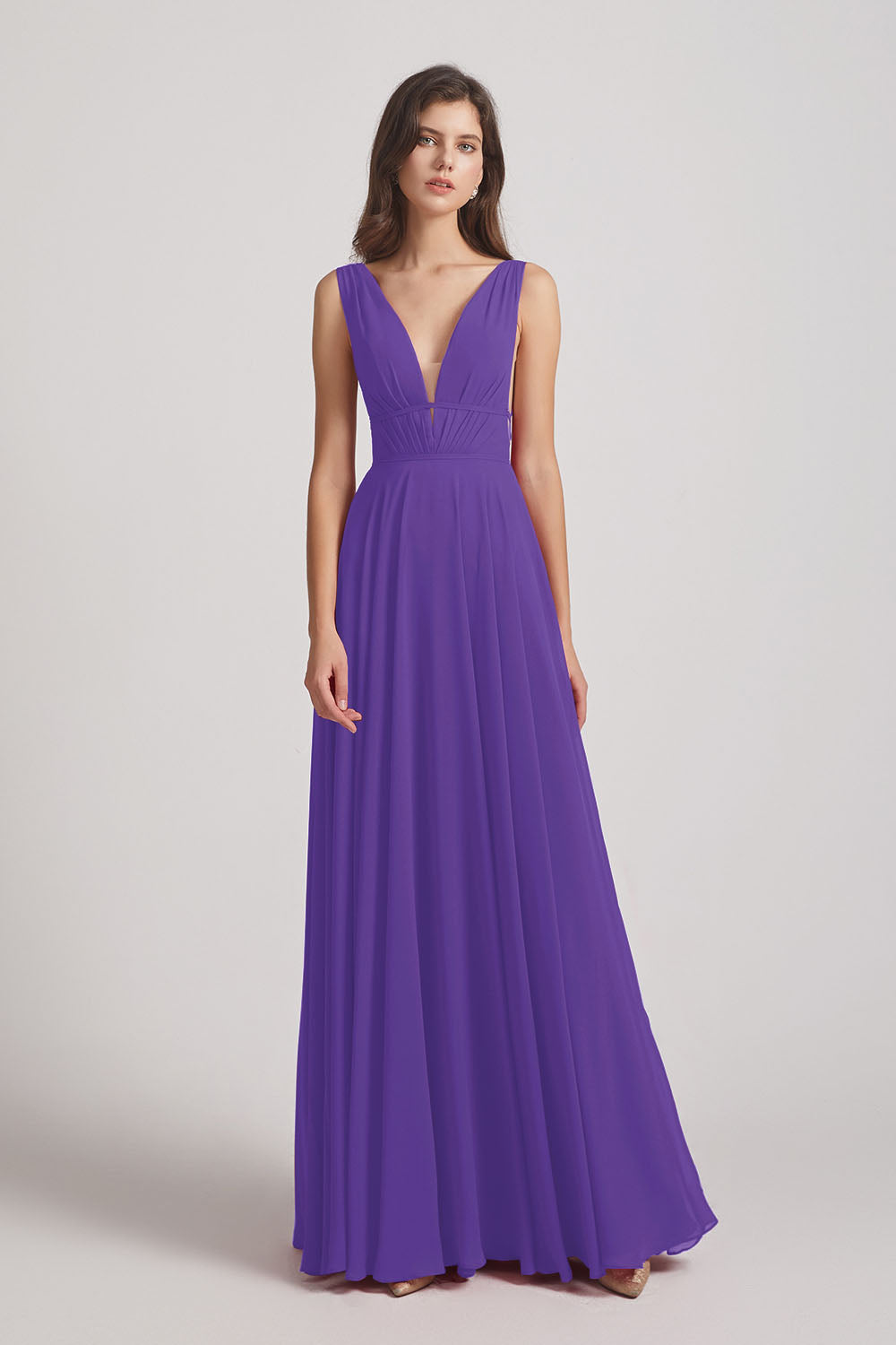 Alfa Bridal Purple Wide Straps Double V-Neck Crinkle Chiffon Bridesmaid Dresses (AF0092)