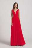 Alfa Bridal Red Wide Straps Double V-Neck Crinkle Chiffon Bridesmaid Dresses (AF0092)