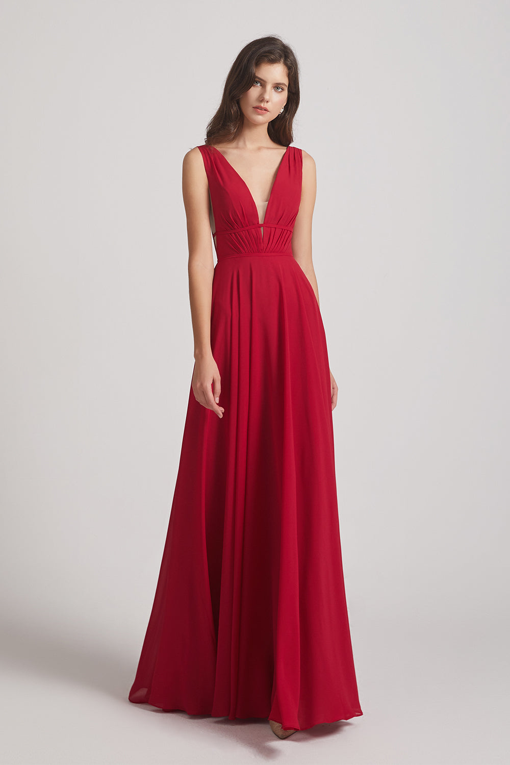Alfa Bridal Dark Red Wide Straps Double V-Neck Crinkle Chiffon Bridesmaid Dresses (AF0092)