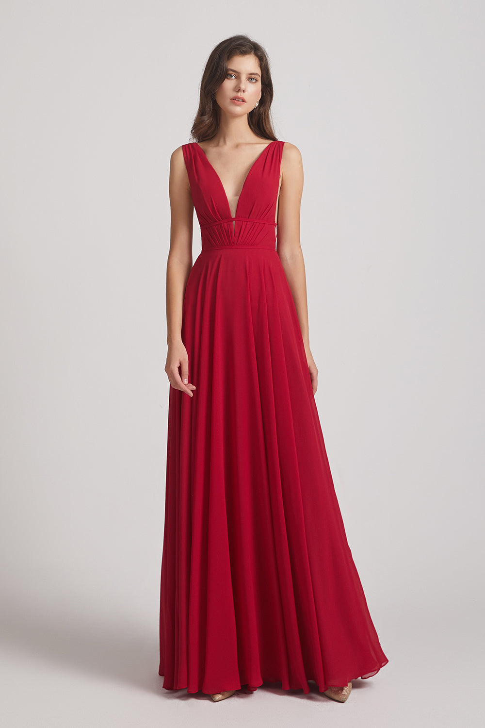 Alfa Bridal Dark Red Wide Straps Double V-Neck Crinkle Chiffon Bridesmaid Dresses (AF0092)